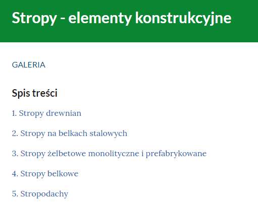 Zdjęcie przedstawia przykładowy wygląd spisu treści do galerii. U góry, na zielonym pasku, widoczny jest tytuł galerii. Poniżej widać spis treści. Treści wypisane są w punktach.