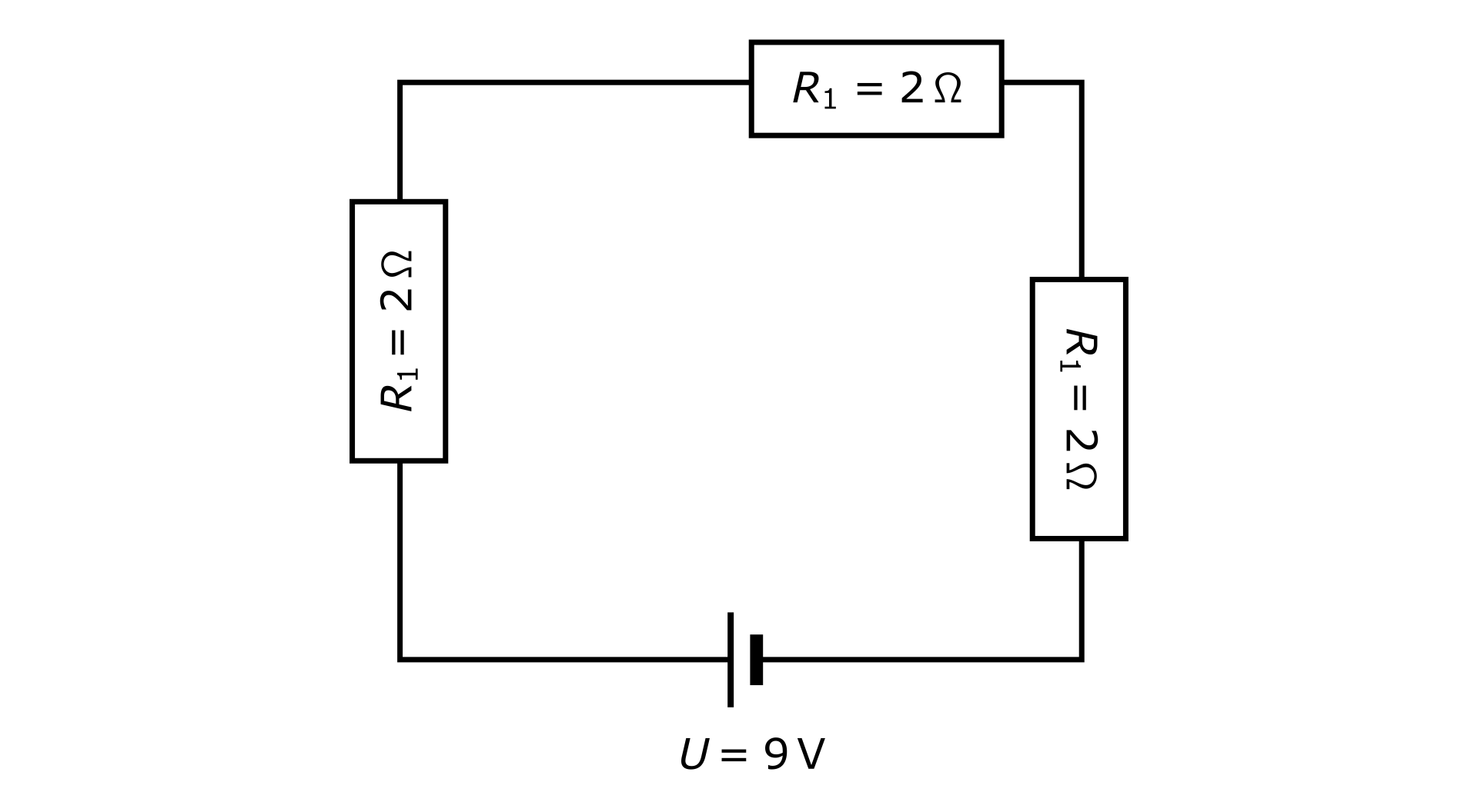 Ilustracja przedstawia schemat połączenia szeregowego. Obwód prostokątny. Na środku dolnego boku symbol źródła napięcia, z biegunem dodatnim z lewej strony a biegunem ujemnym z prawej. Podpisany: U równa się dziewięć V. Na lewym boku opornik podpisany: R z indeksem dolnym jeden równa się dwa omega. Na górnym boku opornik podpisany: R z indeksem dolnym jeden równa się dwa omega. Na prawym boku opornik podpisany: R z indeksem dolnym jeden równa się dwa omega.
