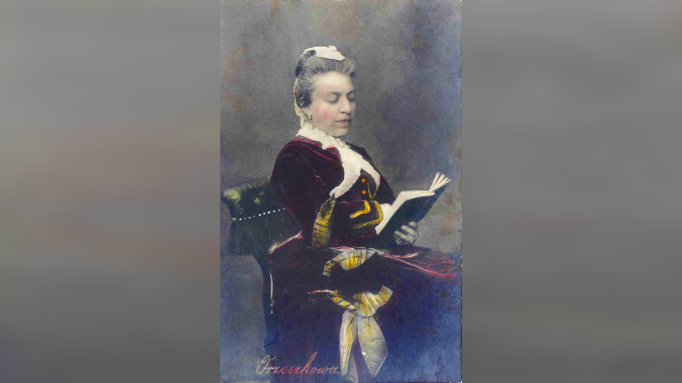 Obraz przedstawia kobietę z zaczesanymi do tyłu w kok siwiejącymi włosami. Kobieta siedzi w fotelu. Ubrana jest w aksamitną suknię ze złotymi wszywkami. W lewej dłoni trzyma otwartą książkę, którą czyta.