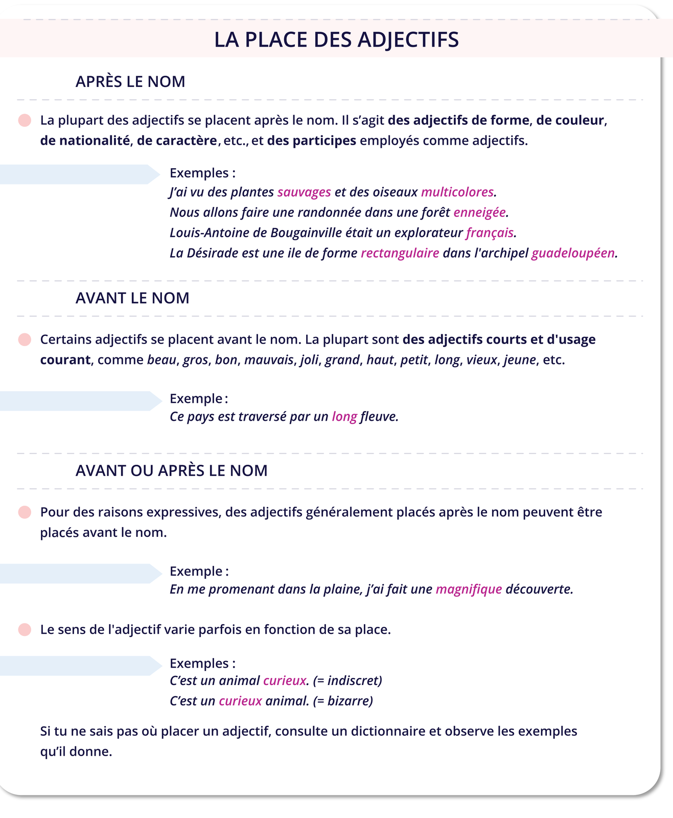 Grafika zatytułowana LA PLACE DES ADJECTIFS podzielona jest na trzy części. Pierwsza, zatytułowana  APRÈS LE NOM zawiera opis z przykładami.  La plupart des adjectifs se placent après le nom. Il s'agit des adjectifs de forme, de couleur, de nationalité, de caractère, etc., et des participes employés comme adjectifs. Exemples: J'ai vu des plantes sauvages et des oiseaux multicolores. Nous allons faire une randonnée dans une forêt enneigée. Louis‑Antoine de Bougainville était un explorateur français. La Désirade est une ile de forme rectangulaire dans l'archipel guadeloupéen. Druga, zatytułowana  AVANT LE NOM zawiera opis z przykładami.  Certains adjectifs se placent avant le nom. La plupart sont des adjectifs courts et d'usage courant, comme beau, gros, bon, mauvais, joli, grand, haut, petit, long, vieux, jeune, etc. Exemple: Ce pays est traversé par un long fleuve. Trzecia, zatytułowana  AVANT OU APRÈS LE NOM zawiera opis z przykładami.  Pour des raisons expressives, des adjectifs généralement placés après le nom peuvent être placés avant le nom. Exemple : En me promenant dans la plaine, j'ai fait une magnifique découverte. Le sens de l'adjectif varie parfois en fonction de sa place. Exemples: C'est un animal curieux. (= indiscret) C'est un curieux animal. (= bizarre) Si tu ne sais pas où placer un adjectif, consulte un dictionnaire et observe les exemples qu'il donne.
