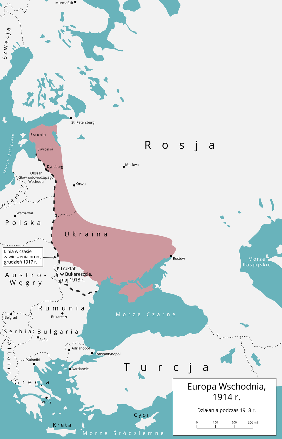 Ilustracja przedstawia mapę Europy Wschodniej w 1914 roku. Na mapie oznaczono Rosję, a za jej zachodnią granicą innym kolorem wyróżniono Ukrainę, Liwonię, Estonię i opisano je jako tereny przejęte po zawarciu traktatu brzeskiego. Na mapie oznaczono również linię w czasie zawieszenia broni w grudniu 1917 roku, jest to granica Ukrainy, Liwonii i Estonii z Polską, Rumunią oraz Obszarem Głównodowodzącego Wschodu. 
