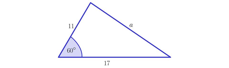 Ilustracja przedstawia trójkąt o bokach o długości 11, a 17; między bokami o długości 11 i 17 zaznaczono kąt o mierze 60 stopni. 