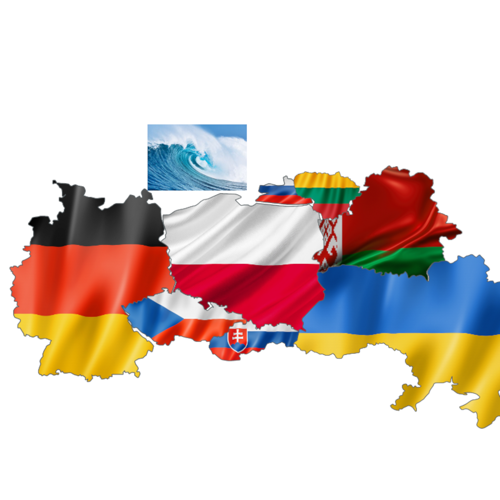 Ilustracja przedstawia kolaż składający się z konturów państw, w które została wpisana flaga kraju i przedstawia Polskę oraz graniczące z nią państwa - Niemcy, Czechy, Słowację, Ukrainę, Białoruś, Litwę, Rosję.