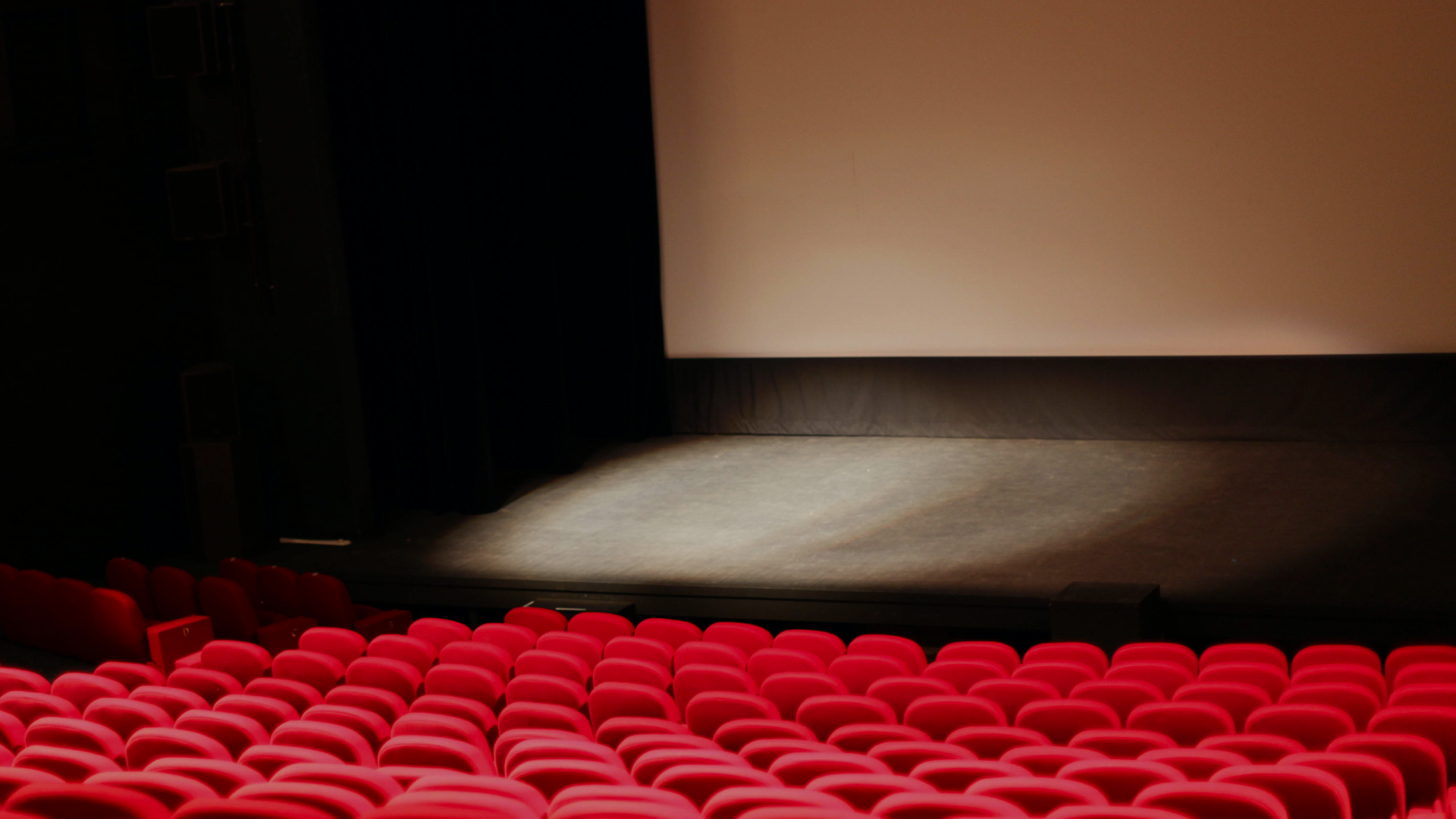 Zdjęcie przedstawia pustą i punktowo oświetloną scenę kinową lub teatralną. Widoczne są także puste rzędy foteli dla publiczności.