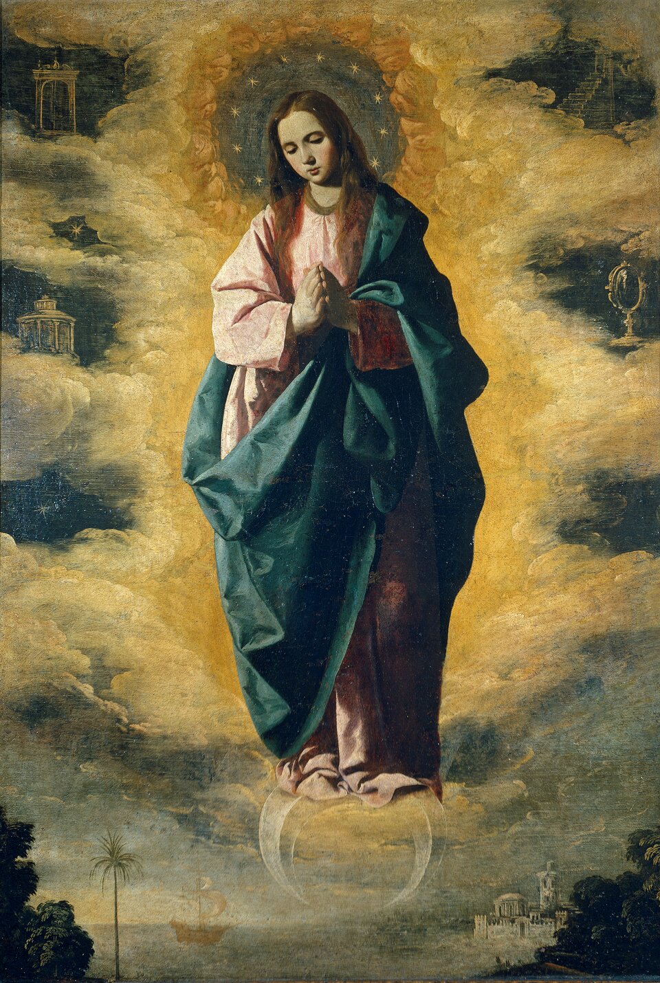 Ilustracja przedstawia obraz Francisco de Zurbarána                    pt. „Niepokalane Poczęcie”. Na obrazie znajduje się kobieta w różowej sukni oraz zielonym okryciu. Dłonie ma złożone do modlitwy. Dookoła postaci widzimy chmury oraz malutkie symbole. Są to: brama niebieska, dom złoty, gwiazda zaranna, wieża Dawidowa, zwierciadło sprawiedliwości oraz wieża z kości słoniowej. Pod postacią widzimy liczne drzewa.