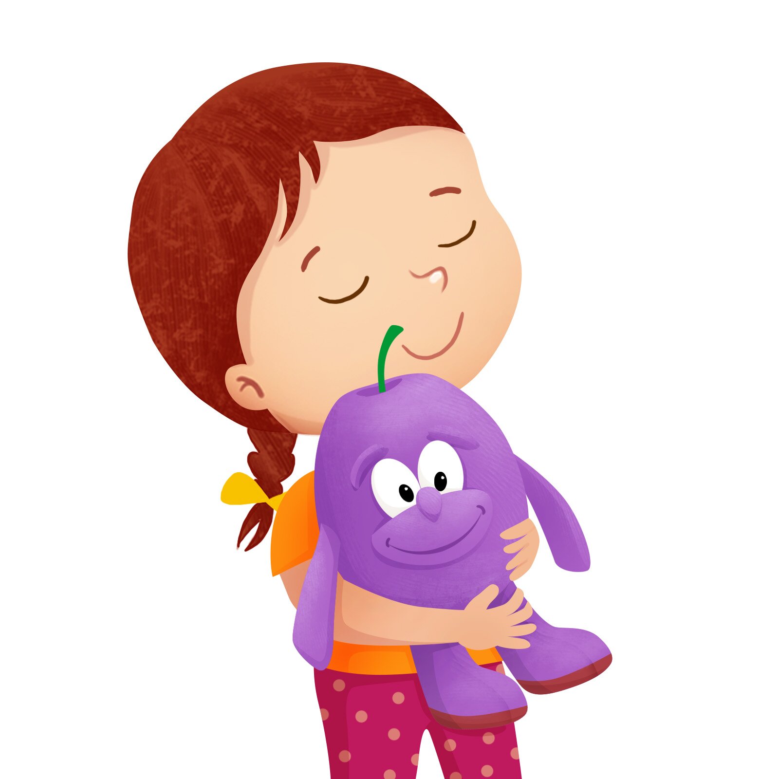 Ilustracja przedstawia uśmiechniętą dziewczynkę o imieniu Lea, która przytula do siebie maskotkę w kształcie śliwki.