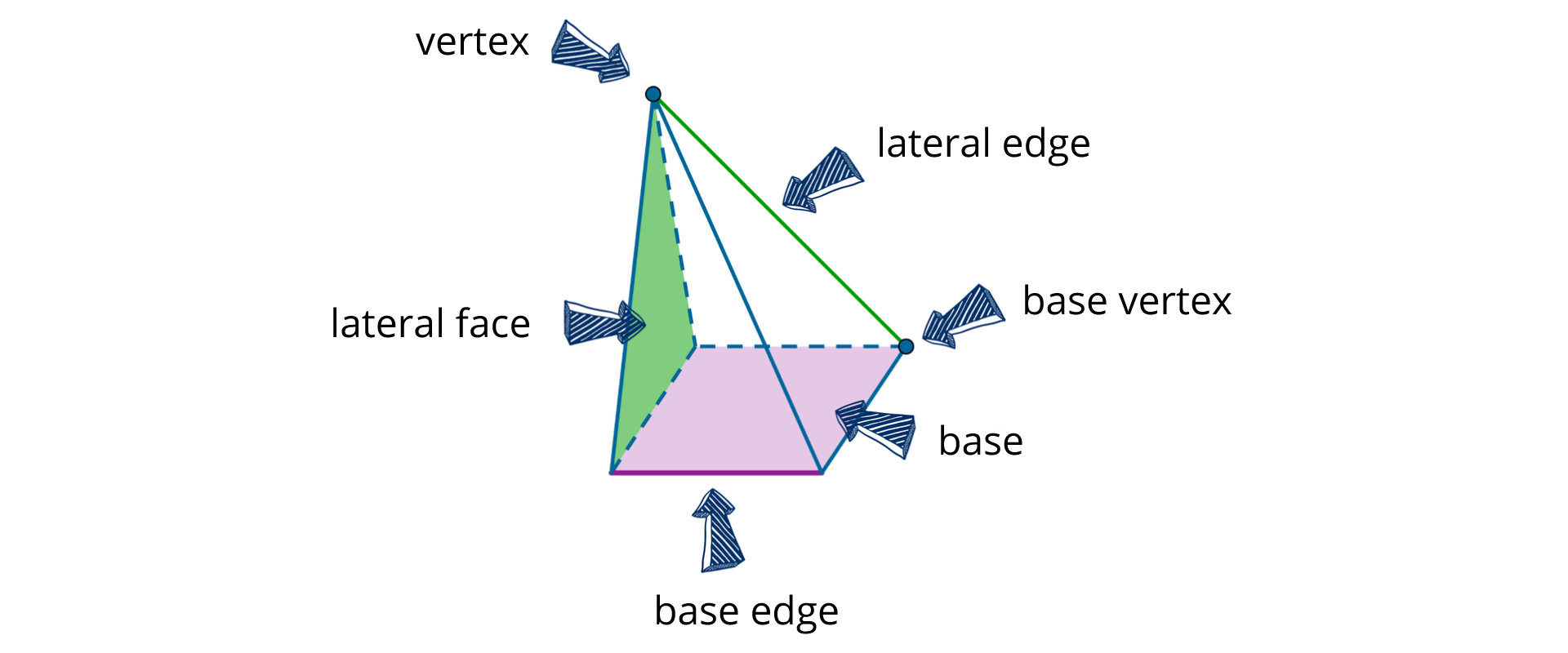 Rysunek przedstawia elementy ostrosłupa i podpisane strzałki wskazujące na: vertex, lateral edge, base vertex, base, base edge, lateral face. 