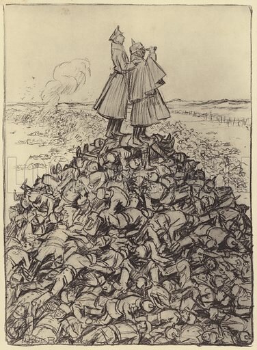 Ilustracja przedstawia górę utworzoną z martwych żołnierzy. Na jej szczycie stoi dwóch mężczyzn w mundurach wojskowych, jeden patrzy przez lornetkę i drugi trzyma go za ramię.