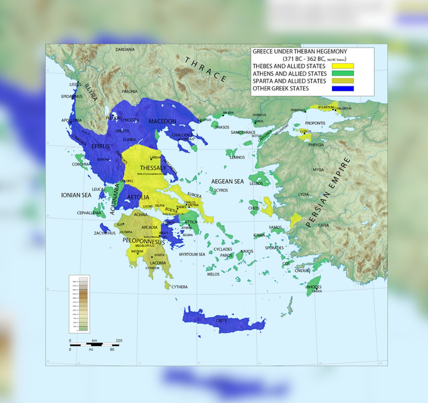 Mapa przedstawia zasięg wpływów Teb, Aten i Sparty w latach 371‑362 przed naszą erą. Pod wpływem Teb były: Tesalia, Eubea, Beocja, Fokida, Lokryda, środkowa część Peloponezu. Pod wpływem Aten Attyka, Cyklady, Rodos, Ackarnania. Pod wpływem Sparty: północna i południowa część Peloponezu.