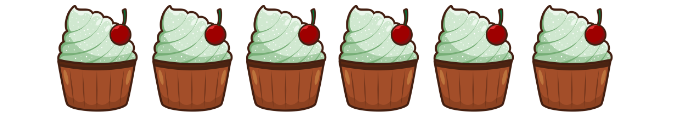 Ilustracja przedstawia sześć jednakowych babeczek z jasnozielonym kremem. Każdą z nich ozdobiono wisienką.