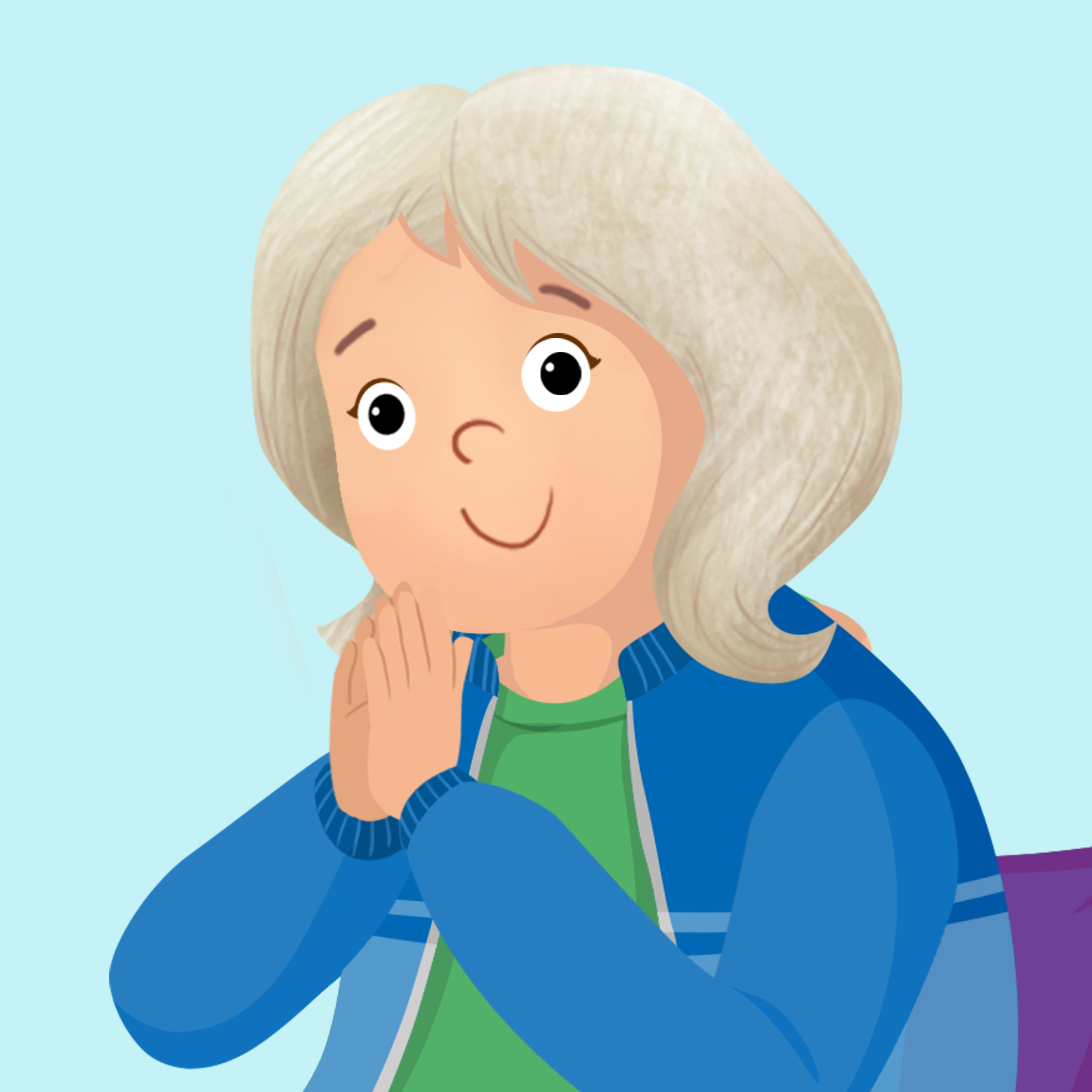 Ilustracja przedstawia usmiechniętą babcię. Ma siwe włosy.