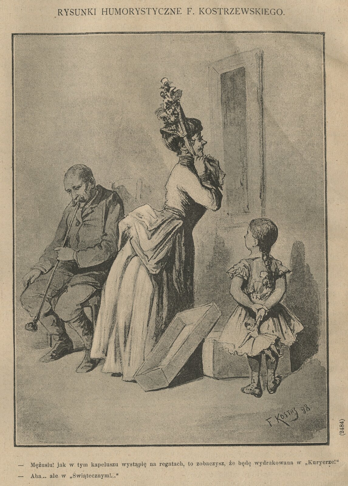 Rycina przedstawia kobietę w długiej, eleganckiej sukni stojącą przed lustrem i przymierzającą kapelusz. Kobiecie przygląda się mała dziewczynka. Nieopodal kobiety siedzi na krześle starszy mężczyzna z laską. Ma pochyloną głowę.