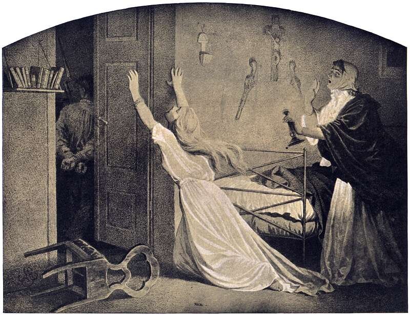 Ilustracja przedstawia kobietę brankę. Do dworku szlacheckiego w środku nocy przyszli żołnierze rosyjscy, wyrwali ze snu młodego mężczyznę, odczytali mu nakaz włączenia do armii carskiej, skuli mu ręce i zabrali ze sobą. Mężczyzna stoi ze związanymi rękoma w korytarzu. Z sypiali, w koszuli nocnej wybiegła za nim mdlejąca z rozpaczy żona. Ma niesione ku górze obie ręce. Hałas obudził służącą, która ruszyła za swoją panią. Służąca trzyma w jednej ręce świece, drugą zbliżyła do ust. Jest przestraszona. Ma na głowie chustkę, ubrana jest w koszulę nocną. Na ścianie sypialni widoczna jest półka z książkami, krzyże i obraz. Na ziemi widoczne jest przewrócone krzesło. W tle łoże. Scena jest pełna dramatyzmu – służba w wojsku carskim trwała długie lata i często odbywała się w dalekich regionach Rosji, wielu z niej już nie wracało.