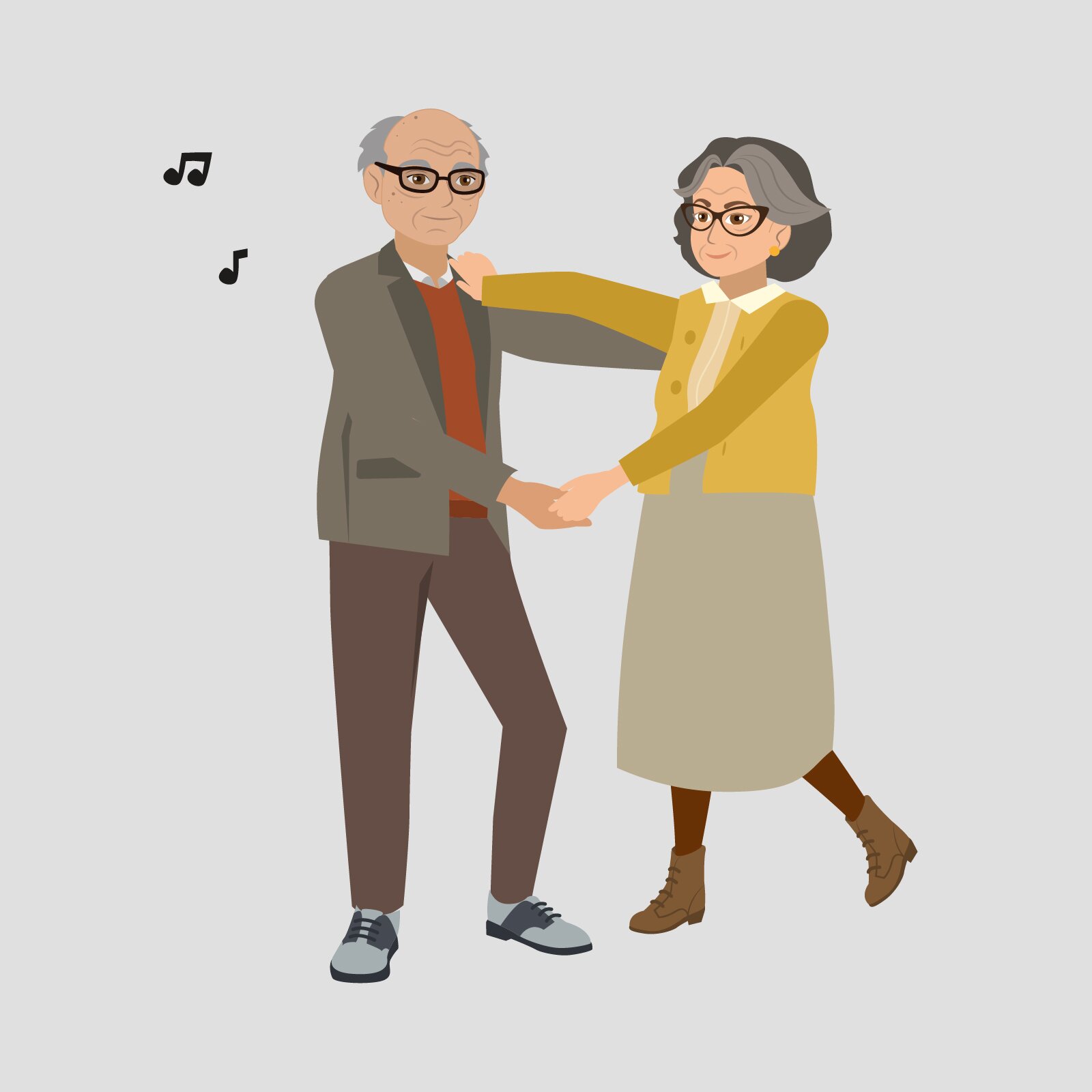 Ilustracja przedstawia parę starszych osób - mężczyznę i kobietę. Para tańczy ze sobą. Przy głowie mężczyzny znajdują się dwie rysunkowe nutki.