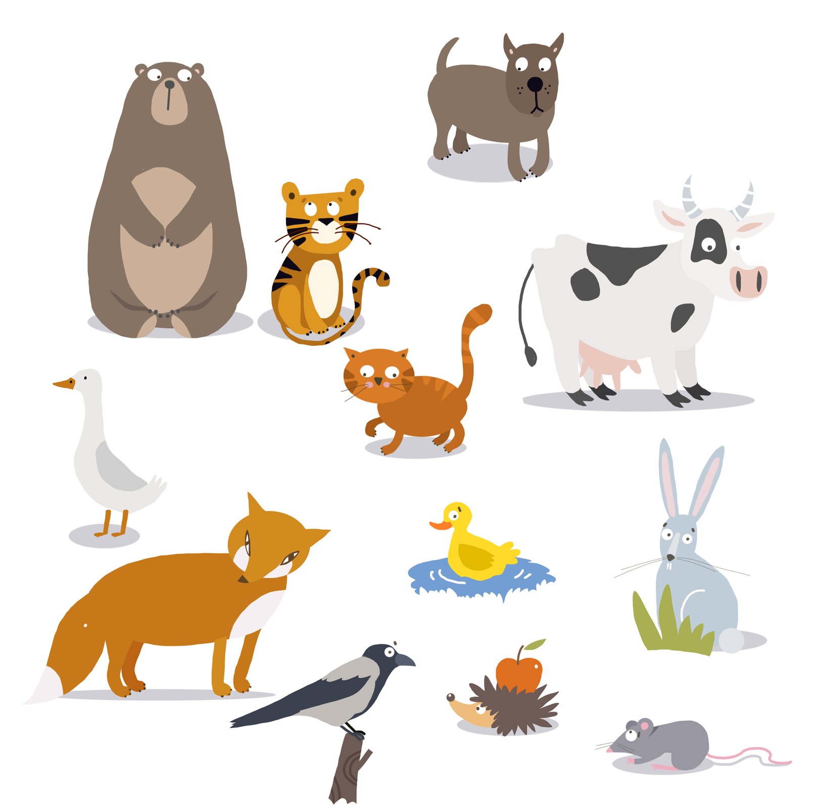 Ilustracja przedstawia: niedźwiedzia, tygrysa, psa, kota, krowę, gęś, lisa, wronę, kaczkę, jeża, zająca i mysz.