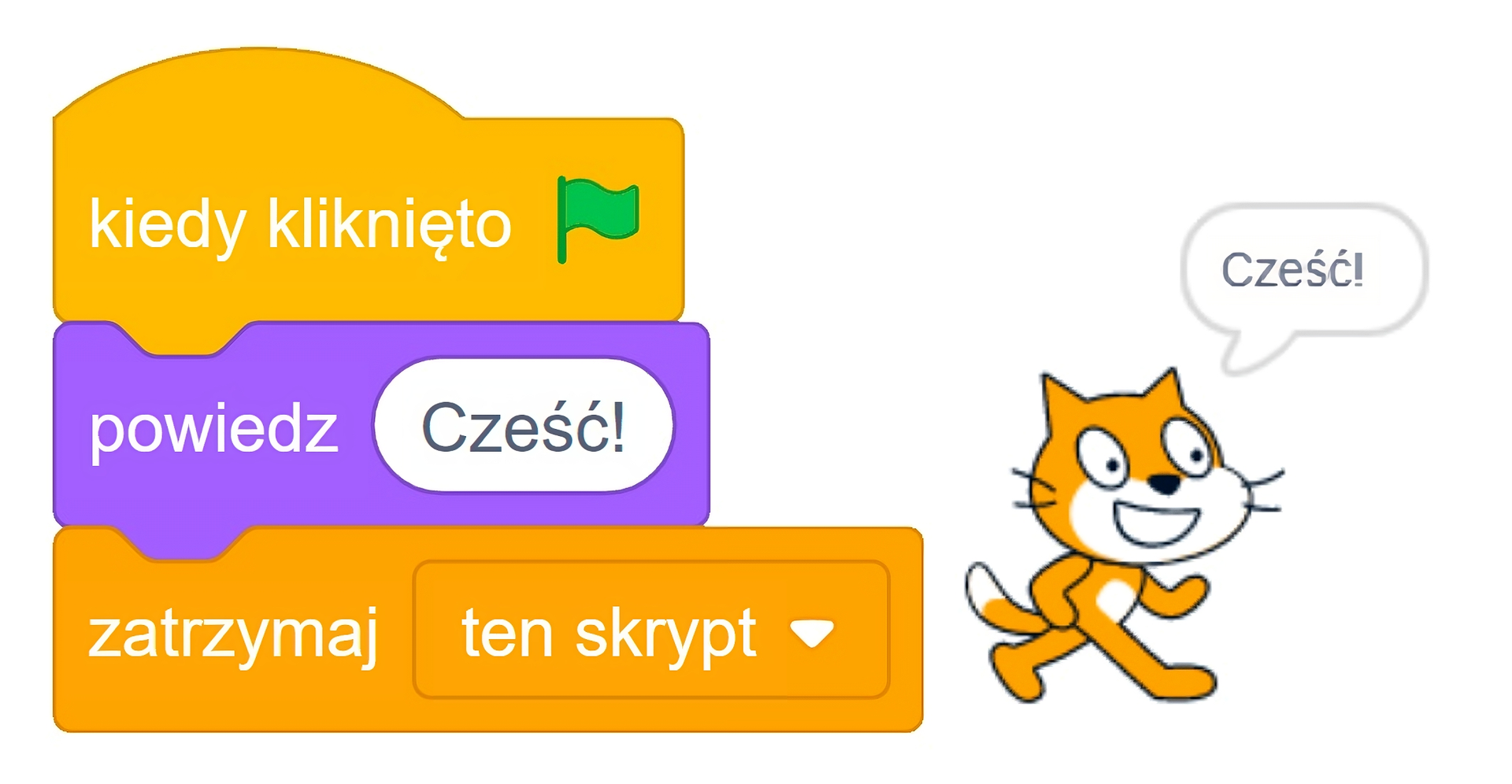 Skrypt zbudowany z 3 bloków, odpowiednio: "kiedy kliknięto w zieloną flagę", "powiedz Cześć!" i "zatrzymaj ten skrypt".