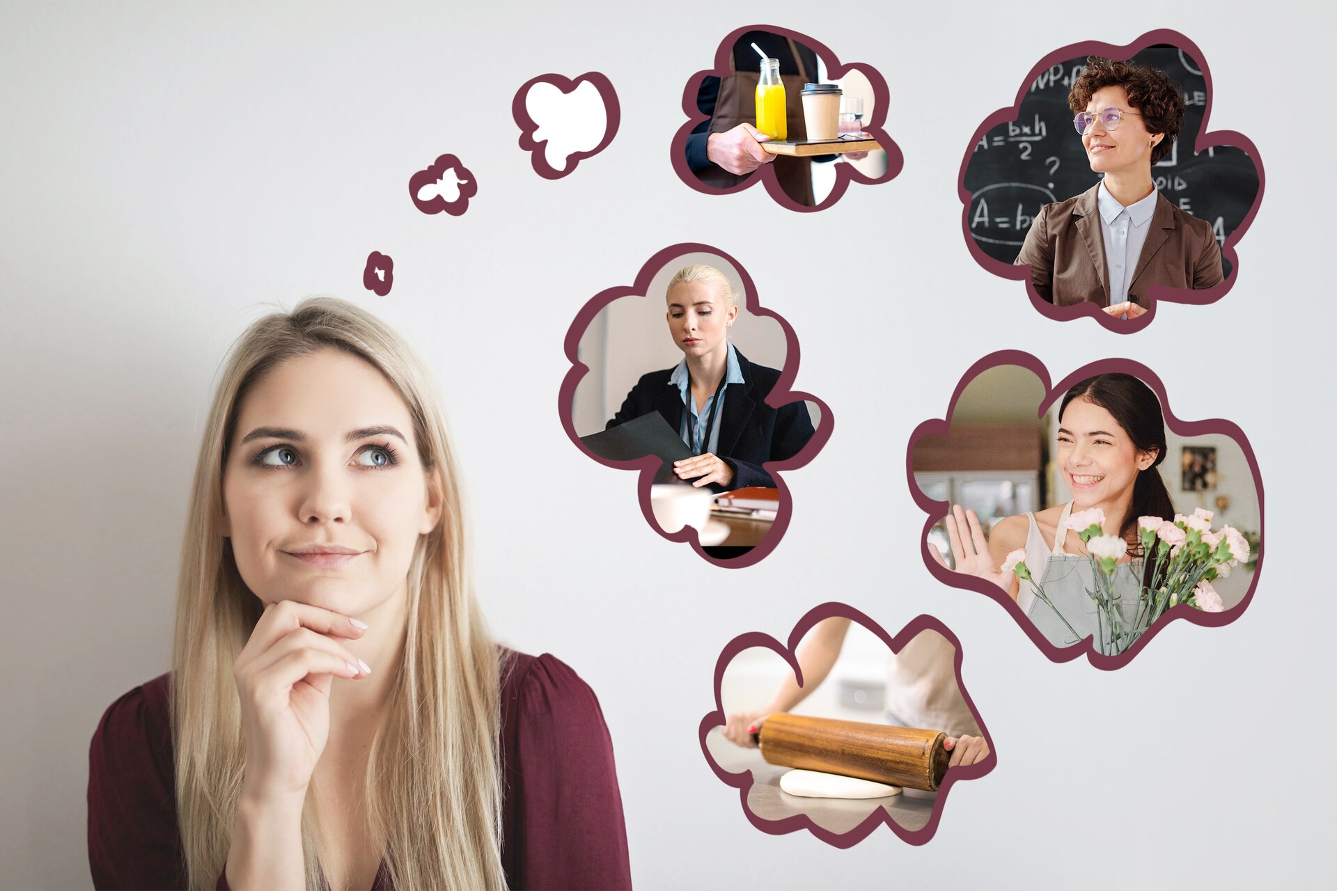 Zanim wybierzemy zawód dla siebie, rozważamy wiele różnych możliwości. Zdjęcie przedstawia młodą dziewczynę, która myśli o różnych zawodach. Pewnie zastanawia się, co chciałby robić w przyszłości. Nad jej głową widać "chmurki", przedstawiające różne zawody: kelnerka, nauczycielka, sekretarka, florystka, piekarz. 