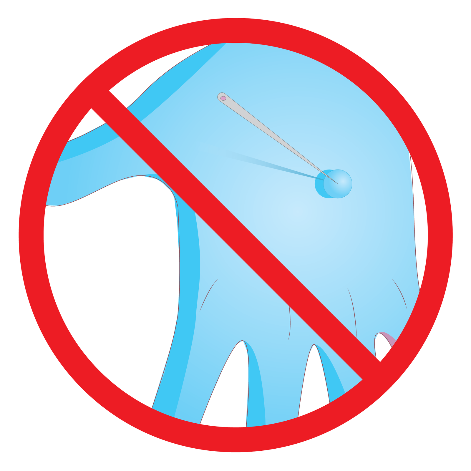 Kliknij żeby powiększyć Galeria nr 2 składa się z czterech piktogramów. Każdy piktogram ma kształt koła z czerwoną obwódką. Każde koło jest przekreślone ukośną czerwoną linią. Pierwszy piktogram to błękitna otwarta dłoń. Na powierzchni skóry, wewnętrznej części dłoni, kulisty pęcherz. W pęcherzu wetknięta igła. Podpis ilustracji: Nie przekłuwaj pęcherzy.