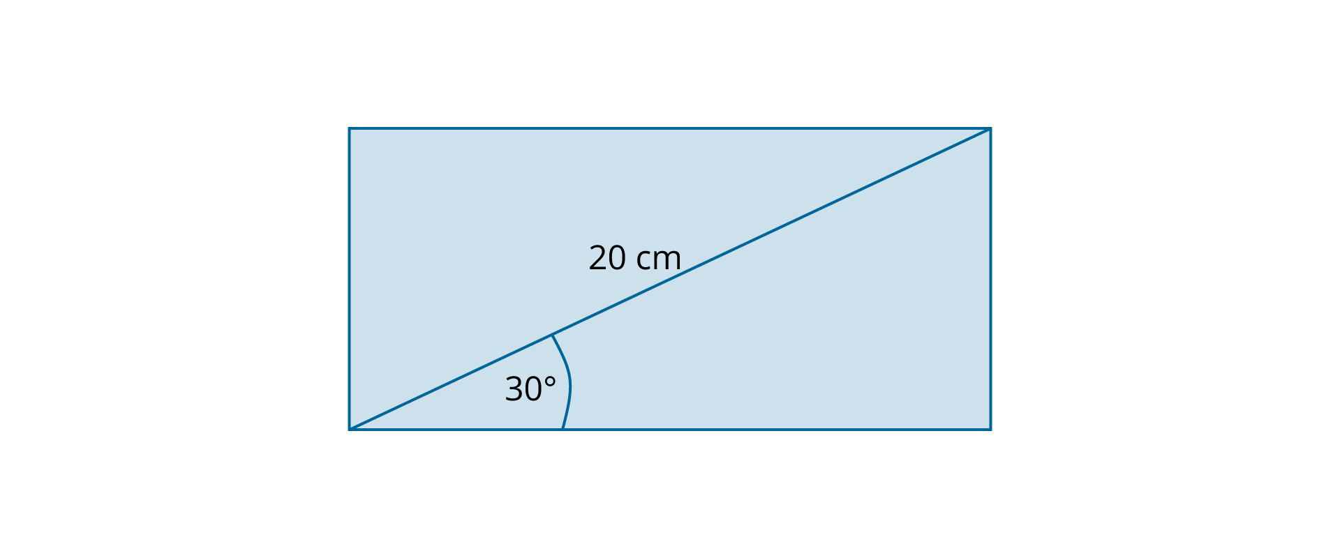 Rysunek przedstawia prostokąt o przekątnej 20 cm i kącie równym 30 stopni pomiędzy dłuższym bokiem prostokąta a jego przekątną.