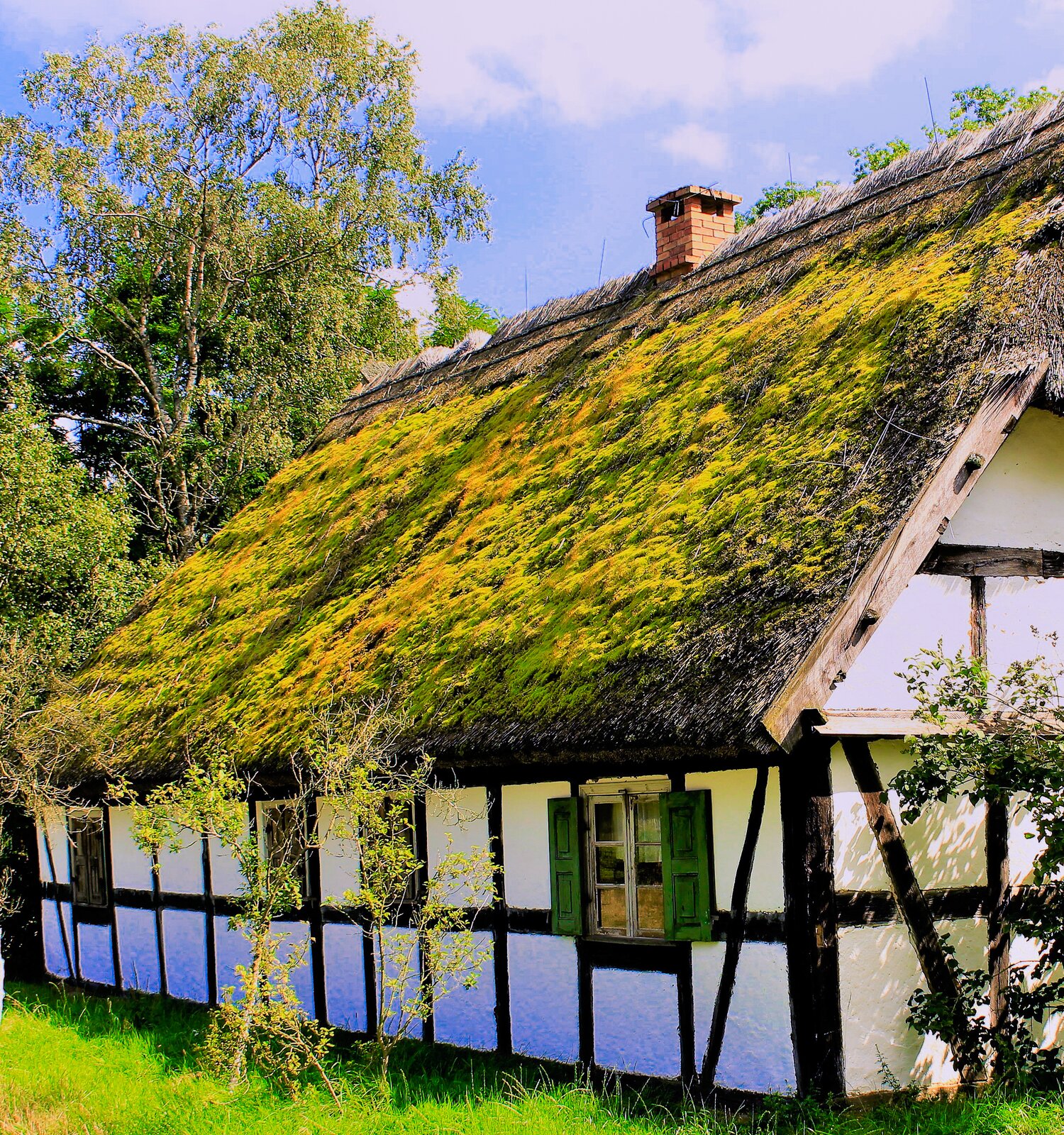 Kliknij, aby powiększyć. Zdjęcie przedstawia chatę. Jest jednopiętrowa i posiada dwuspadowy dach pokryty trzciną. Budynek ma konstrukcję szkieletową złożoną z drewnianych belek wypełnionych murem, który jest bielony.