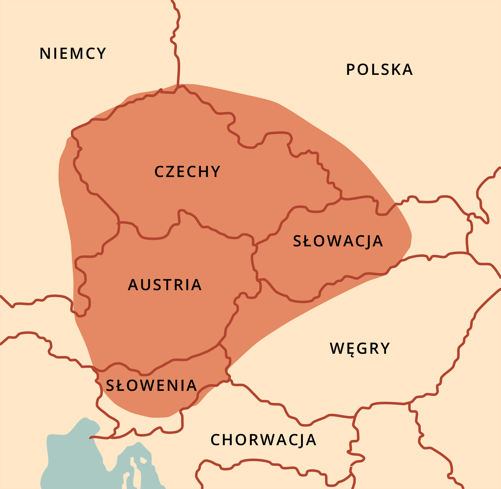 Mapa przedstawia współczesne granice centralnej Europy. Zaznaczono na niej obszar Czech, zachodniej i centralnej Słowacji, Austrii, północnej i centralnej Słowenii, północno zachodnich Węgier i południowozachodniej Polski. 