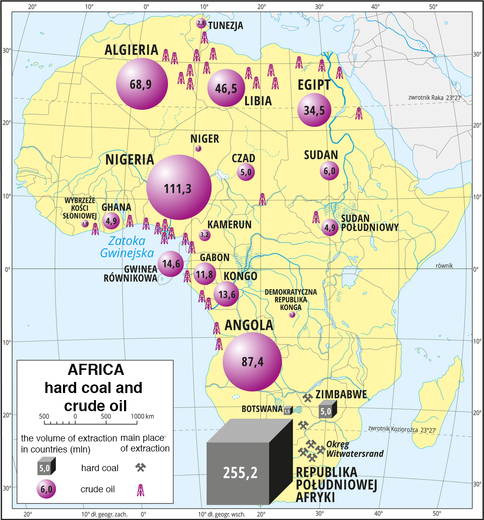 lustracja przedstawia mapę wydobywczą Afryki, Africa hard coal and crude oil. Na mapie odmiennymi sygnaturami oznaczono miejsca wydobycia węgla kamiennego i ropy naftowej oraz wielkość wydobycia w państwach. Węgiel kamienny – miejsca wydobycia: Republika Południowej Afryki (Okręg Witwatersrand), Zimbabwe i Botswana. Wielkość wydobycia węgla kamiennego w Republice Południowej Afryki – 255 milionów ton, w Zimbabwe – 5 milionów ton. Ropa naftowa – miejsca wydobycia: zachodnie wybrzeże nad Zatoką Gwinejską, północna część kontynentu. Największe wydobycie: Nigeria – 111 milinów ton, Angola – 87 milionów ton, Algieria – 68 milionów ton, Libia – 46 milionów ton, Egipt – 34 miliony ton, dalej – Gwinea Równikowa, Kongo, Gabon, Sudan, Czad, Ghana, Sudan Południowy, Kamerun. Na zachodnim wybrzeżu kontynentu opisano Zatokę Gwinejską. 