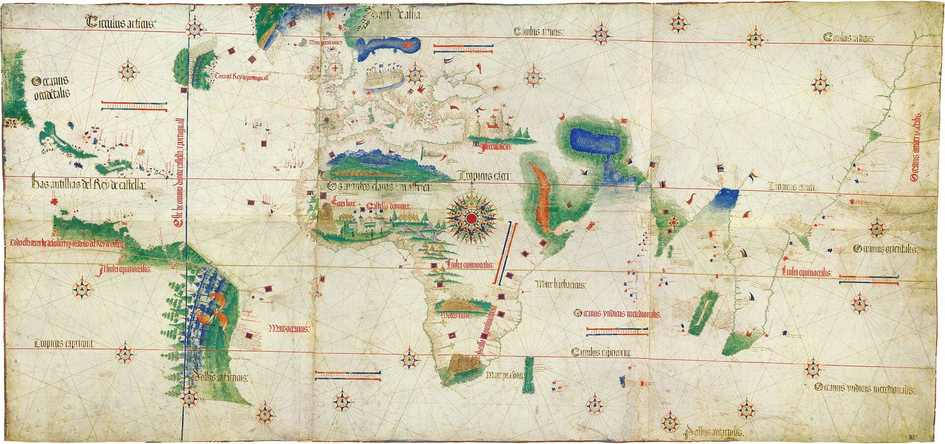 Ilustracja mapy z XVI wieku. W centralnej części Afryka i Półwysep Iberyjski.