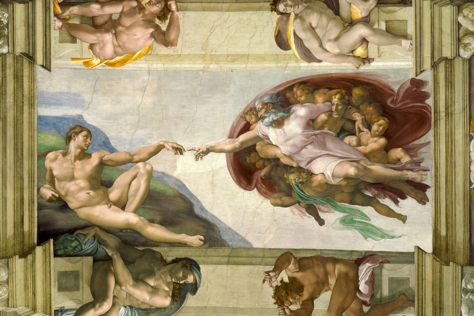 Zdjęcie przedstawia najsłynniejszą scenę z fresku Michała Anioła, wykonanego na sklepieniu Kaplicy Sykstyńskiej w Watykanie –  stworzenie Adama. Po prawej stronie dzieła widać unoszącego się w przestworzach Boga, który został ukazany jako dobrze zbudowany, emanujący siłą i energią siwowłosy i siwobrody starzec w białej szacie i czerwonym płaszczu, otoczony tłumem cherubinów, czyli aniołów. Stwórca wyciąga do Adama prawą rękę. Po lewej stronie fresku widać spoczywającego wśród zieleni rajskiego ogrodu nagiego Adama, umięśnionego i proporcjonalnie zbudowanego młodego mężczyznę, który z kolei wyciąga lewą rękę w stronę swego Stwórcy. Palec Boga i palec Adama są blisko siebie – na fresku ukazano moment, gdy Stwórca przekazuje pierwszemu człowiekowi iskrę życia. Bóg spogląda na Adama władczym wzrokiem, natomiast na twarzy Adama maluje się ufność i poddanie.