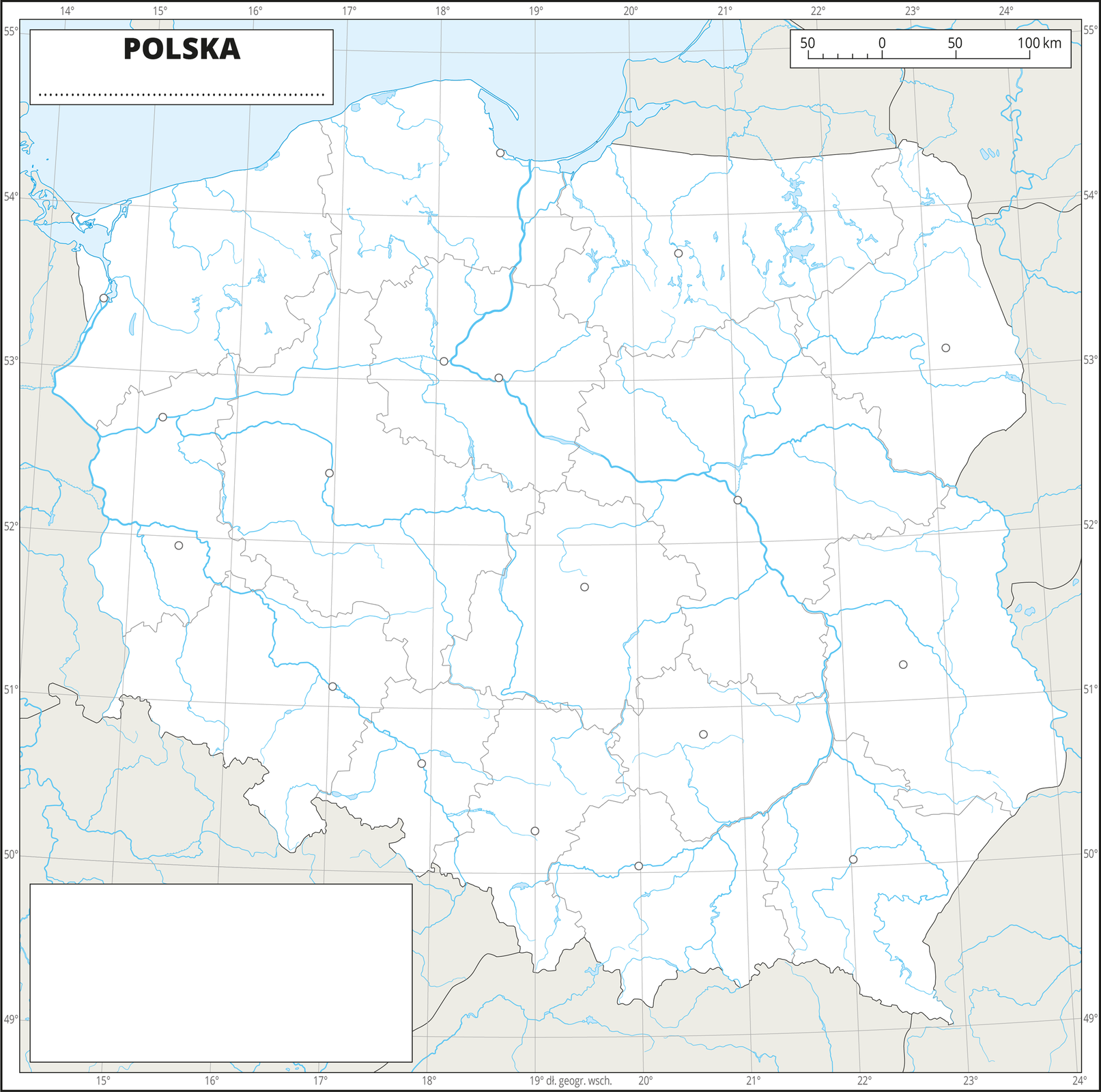 Ilustracja przedstawia konturową mapę Polski z podziałem na województwa. Na mapie przedstawiono hydrografię, granice województw, sygnatury miast wojewódzkich.Dookoła mapy w białej ramce opisano współrzędne geograficzne co jeden stopień. W prawym, górnym rogu znajduje się podziałka liniowa.