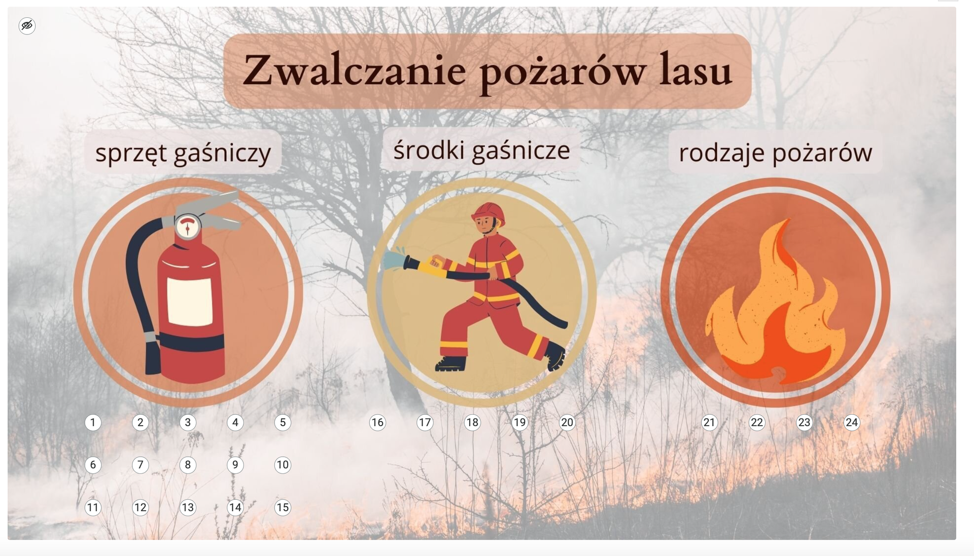 Grafika przedstawia planszę o tytule: Zwalczanie pożarów lasów. Plansza została podzielona na trzy segmenty zawierające tytuł oraz grafikę ilustrująca. Na dole znajdują się punkty interaktywne.