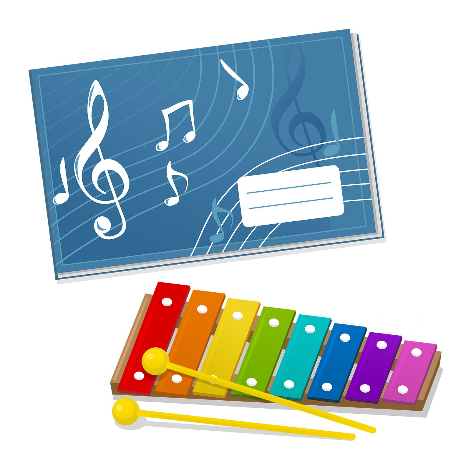 Ilustracja cymbałek kilkukolorowych oraz prostokątnego, podłużnego zeszytu z nutami na okładce