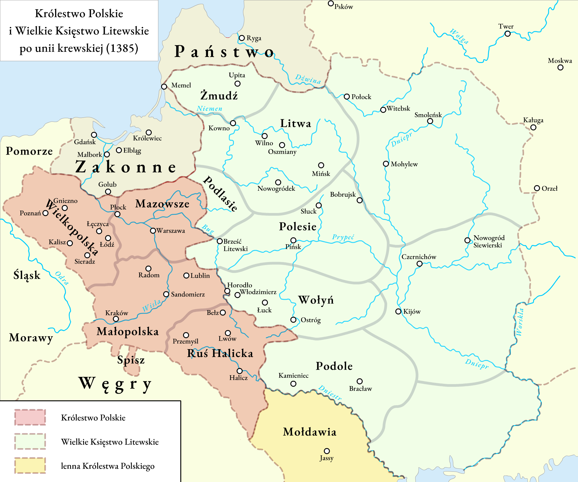 Mapa Królestwa Polskiego i Wielkiego Księstwa Litewskiego po unii krewskiej (1385)