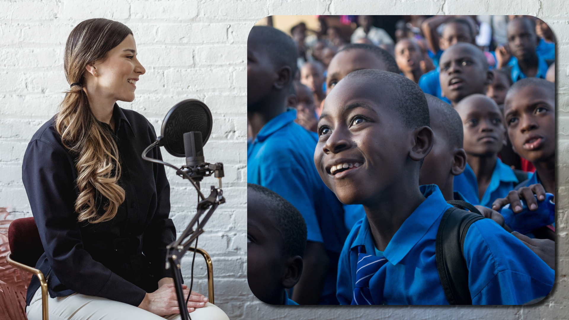 Ilustracja składa się z dwóch zdjęć. Na zdjęciu po prawej znajduje się młoda kobieta z długimi włosami. Siedzi na krześle przed radiowym mikrofonem. Po prawej na zdjęciu znajduje się grupa czarnoskórych chłopców.