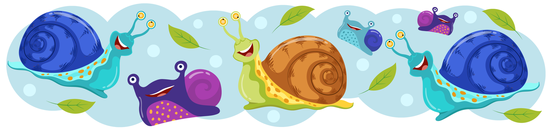 Ilustracja przedstawia sześć ślimaków na błękitnym tle. Dookoła nich unoszą się pojedyncze bąbelki i zielone liście. Pierwszy ślimak od lewej strony ma granatową skorupę i turkusowe ciało. Drugi ma fioletową skorupę i ciemnofioletowe ciało z kropkami na brzuchu. Trzeci ma brązową skorupę i jasnozielone ciało. Czwarty ma granatową skorupę i szaroniebieskie ciało z kropkami na brzuchu. Piąty jest taki sam jak drugi, a szósty jest taki sam jak pierwszy.