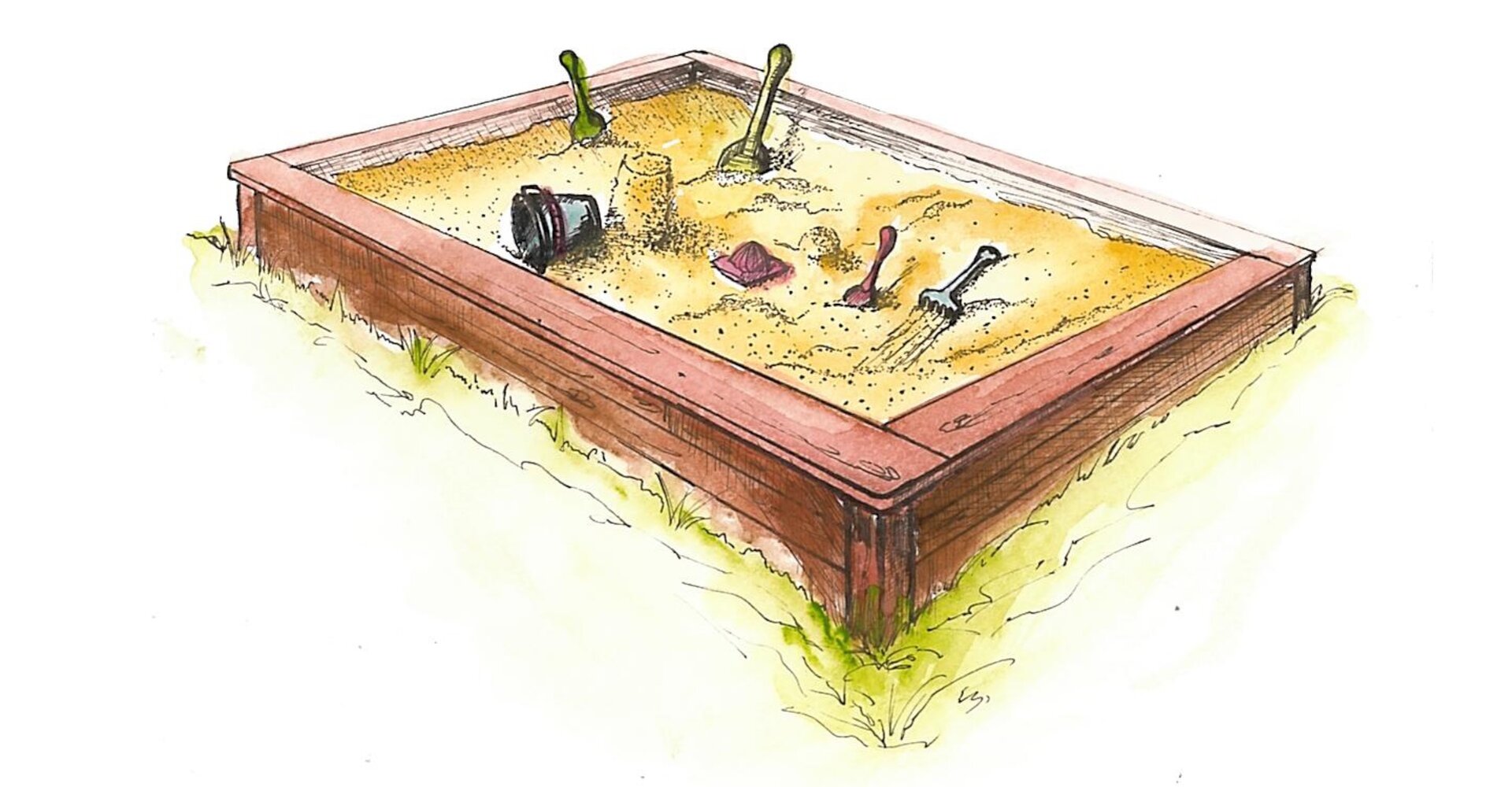 Ilustracja piaskownicy z rozrzuconymi w środku zabawkami. Piaskownica zrobiona jest z drewnianych desek.
