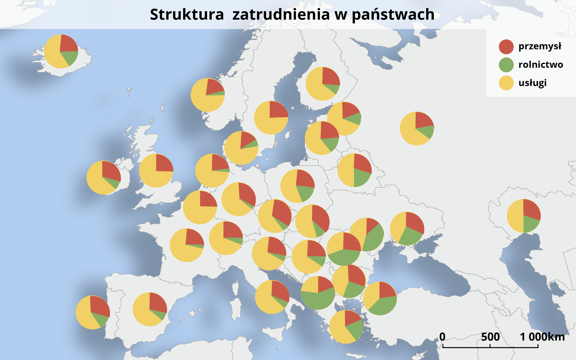 Na mapie Europy zaznaczono w postaci wykresów kołowych strukturę zatrudnienia w poszczególnych państwach.