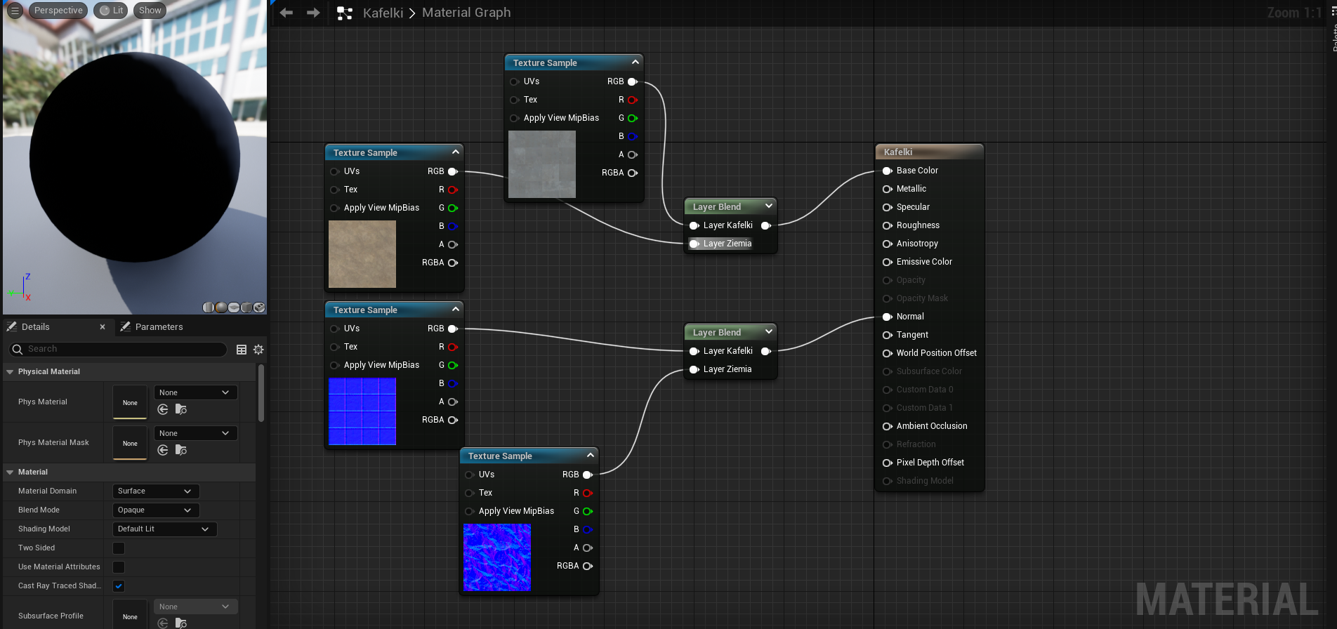 Ilustracja przedstawia zrzut ekranu - panel programu  Unreal Engine . W centralnej części znajduje się czarna przestrzeń w jasnoszarą, drobną kratkę. Pośrodku tej przestrzeni widoczna jest prostokątna lista zatytułowana Kafelki z opcjami:  Base Color, Metallic, Specular, Roughness, Anisotropy, Emissive Color, , wyszarzone opcje  Opacity, Opacity Mask , opcje  Normal, Tangent, World Position Offset , wyszarzone opcje  Subsurface Color, Custom Data 0, Custom Data ] , opcja  Ambient Occlusion , wyszarzona opcja  Refraction , opcja  Pixel Depth Offset  oraz wyszarzona opcja  Shading Model . Z listą łączy się prostokątna lista z tytułem  Layer Blend  i opcjami:  Layer  Kafelki i  Layer  Ziemia. Linia łącząca pola prowadzi od opcji  Layer  Kafelki do opcji  Base Color  na liście pod tytułem Kafelki.  Pod spodem znajduje się taka sama, prostokątna lista z tytułem  Layer Blend  i opcjami:  Layer  Kafelki i  Layer  Ziemia. Linia łącząca pola prowadzi od opcji  Layer  Kafelki do opcji  Normal  na liście Kafelki. Pierwsza lista z tytułem  Layer Blend  połączona jest dwiema liniami z kolejnym polem zatytułowanym  Texture Sample  i z opcjami:  UVs, Tex, Apply View MipBias, RGB, R, G, B, RGBA  i kwadratem z szarą powierzchnią – znajdująca się w nim pozycja  Layer  Kafelki połączona jest z opcją  RGB z okna  Texture Sample . Obok znajduje się drugie pole zatytułowane  Texture Sample  i z opcjami:  UVs, Tex, Apply View MipBias, RGB, R, G, B, RGBA  i kwadratem z brązową powierzchnią – opcja  Layer  Ziemia z pierwszego okna  Layer Blend  połączona jest z opcją  RGB z drugiego okna  Texture Sample . Poniżej znajduje się trzecia lista z tytułem  Texture Sample  i z opcjami:  UVs, Tex, Apply View MipBias, RGB, R, G, B, RGBA  i kwadratem z niebieską powierzchnią w białą kratkę – znajdująca się w drugim oknie  Layer Blend  pozycja pozycja  Layer  Kafelki połączona jest z opcją  RGB  z tego okna. Poniżej znajduje się czwarte pole zatytułowane  Texture Sample  i z opcjami:  UVs, Tex, Apply View MipBias, RGB, R, G, B, RGBA  i kwadratem z niebieską powierzchnią i szarymi oraz fioletowymi liniami – opcja  Layer  Ziemia z drugiego okna  Layer Blend  połączona jest z opcją  RGB z czwartego okna  Texture Sample . Z lewej strony znajduje się menu programu, poczynając od góry: grafika z umiejscowioną na dziedzińcu zabudowanym z dwóch stron matową, czarną kulą, poniżej dwie zakładki:  Details  i  Parameters  i okienko z napisem:  Search . Poniżej, w kolejnych linijkach znajdują się grupy opcji menu: pierwsza z nich to  Physical Materials  z opcjami:  Phys Material: None, Phys Material Mask: None ; druga z nich to:  Material  z opcjami:  Material Domain: Surface, Blend Mode: Opaque, Shading Model: Default Lit , odznaczonymi dwoma opcjami:  Two sided, Use Material Attributes , zaznaczoną opcją:  Cast Ray Traced Shading  oraz  Subsurface Profile: None .