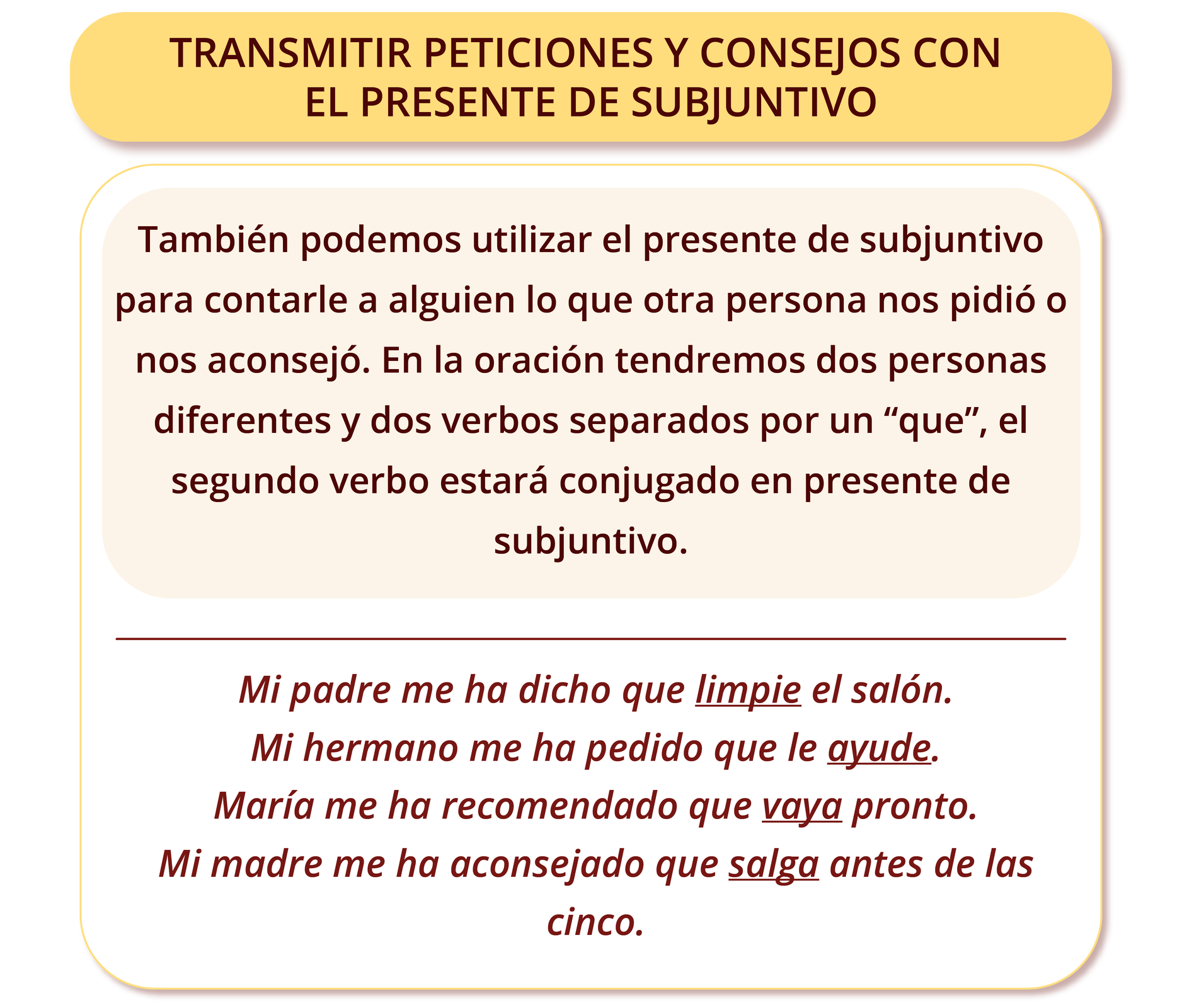 Grafika zatytułowana TRANSMITIR PETICIONES Y CONSEJOS CON EL PRESENTE DE SUBJUNTIVO zawiera poniższe informacje: También podemos utilizar el presente de subjuntivo para contarle a alguien lo que otra persona nos pidió o nos aconsejó. En la oración tendremos dos personas diferentes y dos verbos separados por un “que”, el segundo verbo estará conjugado en presente de subjuntivo. W tym miejscu widoczna jest kreska oddzielająca kolejną sekcję. Mi padre me ha dicho que limpie el salón. Mi hermano me ha pedido que le ayude. María me ha recomendado que vaya pronto. Mi madre me ha aconsejado que salga antes de las cinco..