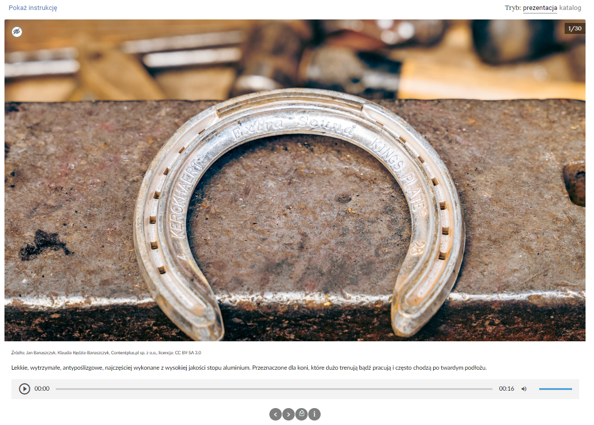 Rozwinięcie dodatkowych informacji po naciśnięciu „i” w panelu dolnym. Ekran wypełnia zdjęcie srebrnej podkowy leżącej na metalowym kowadle. W tle znajdują się słabo widoczne narzędzia kowalskie. Pod zdjęciem znajduje się biały pasek. Znajduje się na nim podpis źródła zdjęcia oraz tekst opisu zdjęcia. Pod opisem umieszczono długi szary pasek odtwarzacza nagrania. Po lewej znajduje się ikona odtwarzania nagrania. Ma ona kształt trójkąta wpisanego w okrąg. Dalej widoczny jest długi i wąski ciemnoszary pasek. Na jego końcu znajduje się czas nagrania - szesnaście sekund. Po prawej stronie widoczna jest ikona głośności w kształcie miktrofonu i okręgów symbolizujących rozchodzące się fale dźwiękowe. Za nią jest krótki niebieski pasek. Poniżej paska odtwarzania umieszczono panel sterowania galerią. To cztery szare kółka symbolizujące przewijanie w lewo, przewijanie w prawo, drukowanie i informację. W lewym górnym rogu znajduje się ikona przekreślonego oka. Nad nim napis: Pokaż instrukcję. W prawym górnym rogu jest napis: 1/30. Nad nim napis: Tryb: prezentacja/katalog.