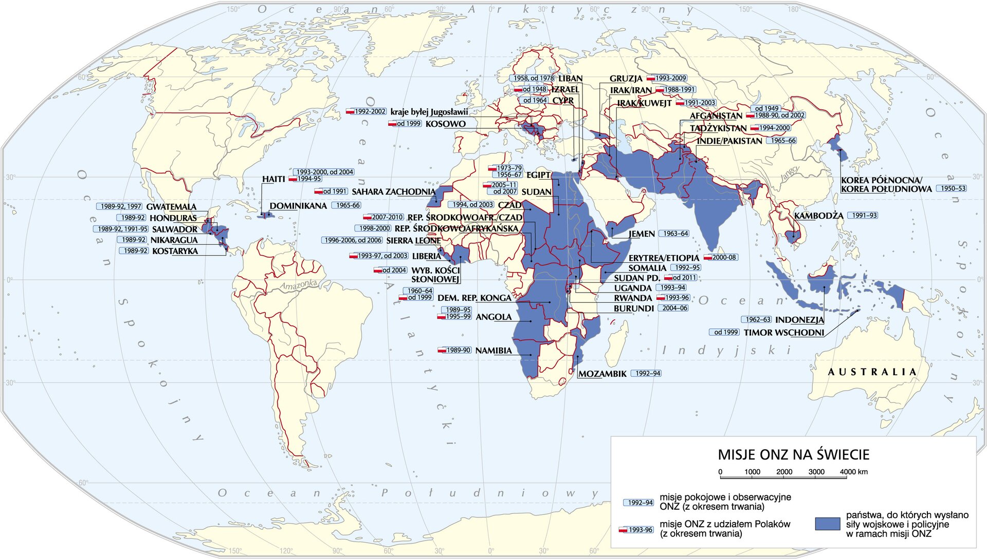Kliknij żeby powiększyć Mapa przedstawiająca misje ONZ na świecie.