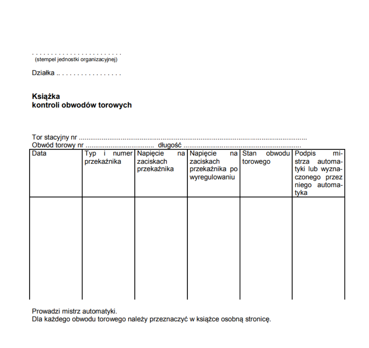 Książka kontroli obwodów torowych.