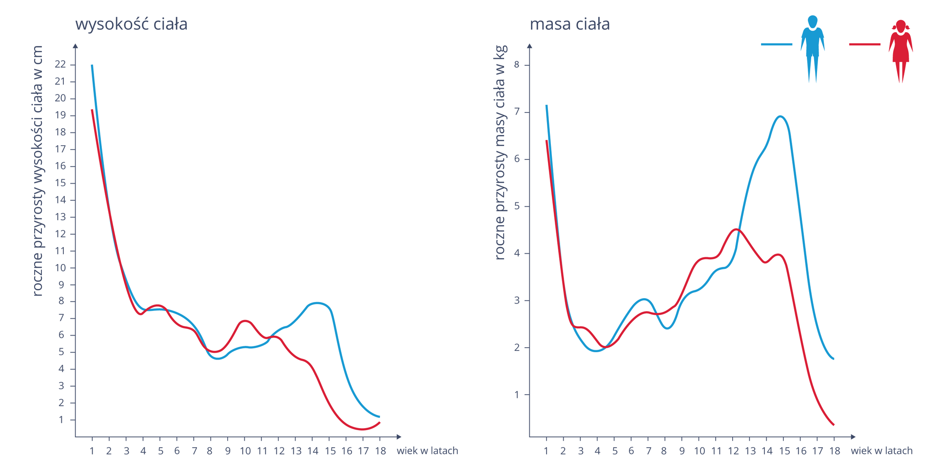 Ilustracja przedstawia dwa wykresy liniowe. Niebieski kolor oznacza chłopca, czerwony dziewczynkę. Lewy wykres opisuje wysokość ciała. Oś X wyznacza wiek w latach, oś Y wskazuje roczne przyrosty wysokości ciała w centymetrach. Z wykresu wynika, że największy przyrost wysokości ciała jest w ciągu pierwszych 4 lat życia, później jest wolniejszy. U dziewczynek przyrost się zwiększa w okolicy 9‑11 roku życia, natomiast u chłopców między 12 a 15. Prawy wykres opisuje masę ciała. Oś X oznacza wiek w latach, na osi Y oznaczono roczny przyrost masy ciała w kilogramach. Znaczny przyrost masy ciała jest w ciągu pierwszych czterech lat życia. Następnie u dziewczynek przyrost się zwiększa między 9 a 15 rokiem życia, natomiast u chłopców między 13 a 16.