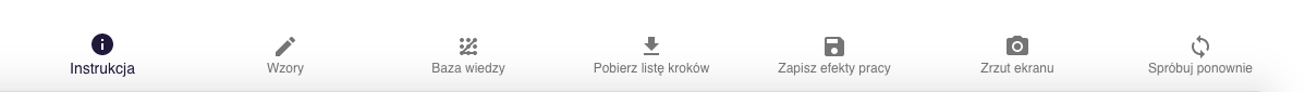 Panel znajdujący się pod programem. Od lewej: instrukcja, wzory, baza wiedzy, pobierz listę kroków, zapisz efekty pracy, zrzut ekranu oraz spróbuj ponownie.