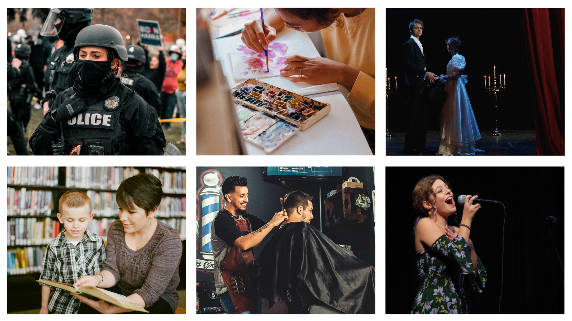 Ilustracja składa się z sześciu zdjęć przedstawiających osoby wykonujące różne zawody. Zdjęcia przedstawiają: policjantkę w umundurowaniu, osobę malującą coś na kartonie, aktora i aktorkę na scenie, kobietę pokazującą dziecku coś w książce, fryzjera strzygącego mężczyznę, piosenkarkę z mikrofonem.