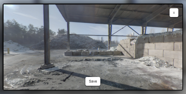 Grafika przedstawia zdjęcie fragmentu składowiska odpadów. Na jego tle znajduje się przycisk z napisem Save umożliwiającym zrobienie zdjęcia. W prawym, górnym rogu znajduje się krzyżyk umożliwiający zamknięcie okna.