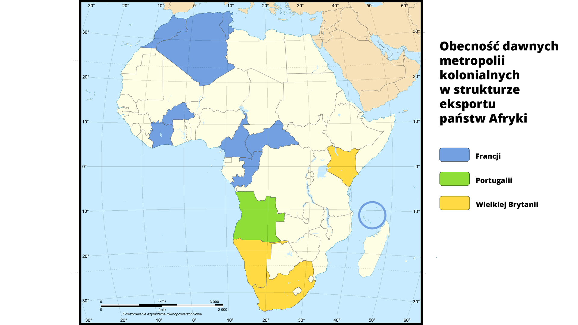 Mapa polityczna obrazuje obecność dawnych metropolii kolonialnych w strukturze eksportu państw Afryki. Państwa zaznaczone na niebiesko to państwa będące pod tym względem pod wpływem Francji - Kongo, Burkina Faso, Kamerun, Algieria, Mauritius, Seszele, Maroko, Tunezja, Komory, Republika Środkowoafrykańska, na zielono pod wpływem Portugalii - Angola, Republika Zielonego Przylądka a na żółto pod wpływem Wielkiej Brytanii - Kenia, Namibia i Republika Południowej Afryki.