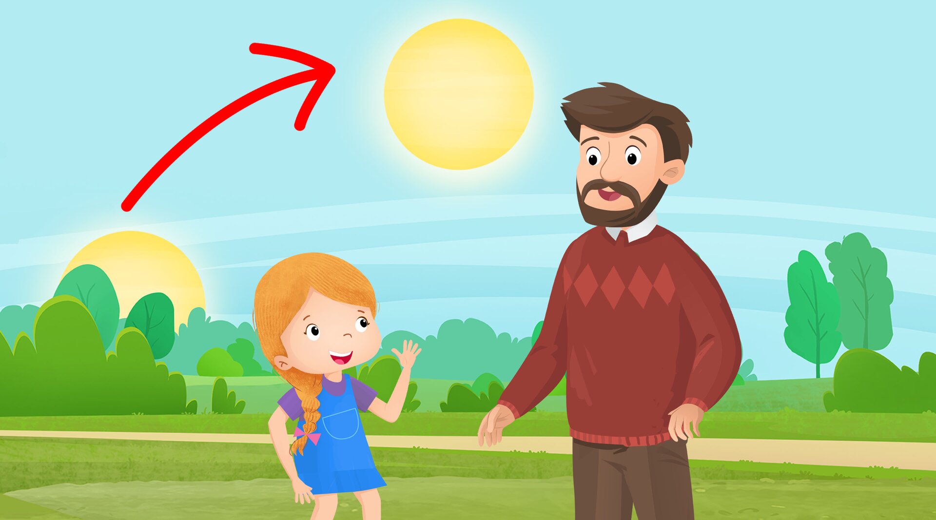 Na ilustracji znajduje się dziewczynka i mężczyzna o poranku.