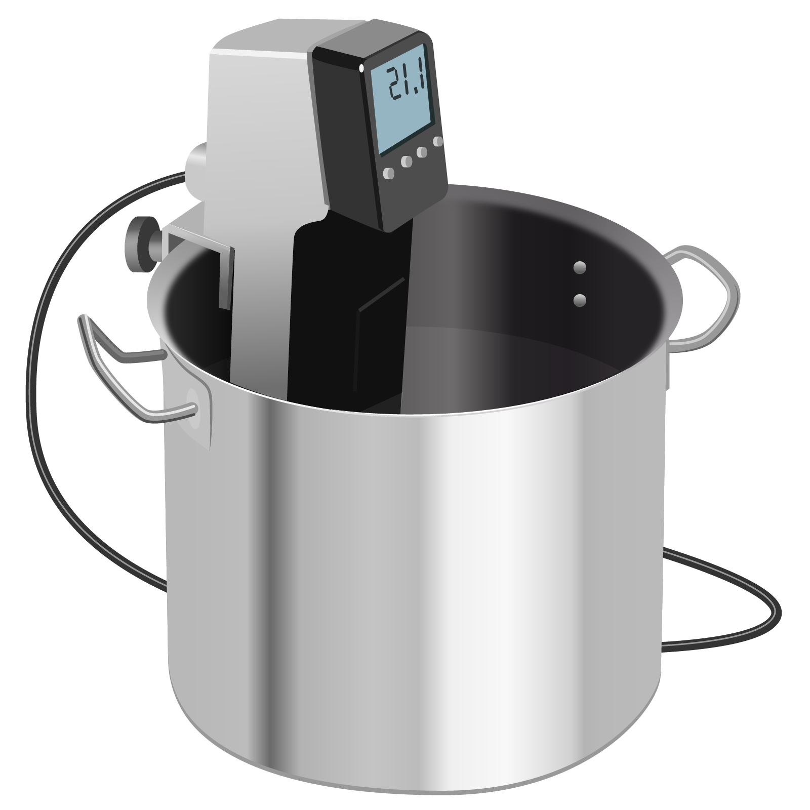 Ilustracja przedstawia urządzenie o czarno‑szarej obudowie. Na froncie zamontowano niewielki wyświetlacz LCD oraz kilka przycisków koloru białego służące do obsługi urządzenia. W górnej części znajduje się zawias umożliwiający zamontowanie urządzenia na naczyniu do gotowania. Z lewej strony widoczny przewód elektryczny. Urządzenie wstawione jest do dużego stalowego garnka z dwoma poziomymi uchwytami.