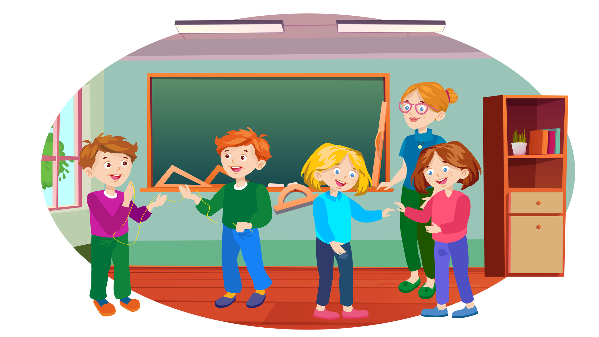 Ilustracja przedstawia klasę szkolną. W tle znajduje się zielona ściana, na której wisi prostokątna zielona tablica w pomarańczowej ramie. Na półce pod tablicą leżą dwa kawałki białej kredy. Są tam również dwie pomarańczowe ekierki, pomarańczowa linijka i zawieszony na gwoździu pomarańczowy kątomierz. Na suficie wiszą dwie płaskie i podłużne lampy. Po lewej stronie jest okno w różowej ramie, za którym widać błękitne niebo i fragment drzewa liściastego. Po prawej stronie stoi pod ścianą wysoki brązowy regał z dwiema półkami w górnej części i dwiema beżowymi szufladami w dolnej części. Na pierwszej półce od góry stoją niewielka zielona roślina w białej donicy i trzy książki w kolorowych okładkach – pomarańczowej, ciemnoróżowej i turkusowej. Na środku drewnianej podłogi stoi czworo dzieci. Po lewej stronie jest brązowowłosy chłopiec ubrany w fioletową bluzę z długimi rękawami, długie ciemnozielone spodnie, granatowe skarpety i pomarańczowe buty. W rękach trzyma fragment żółtego sznurka. Drugi koniec sznurka trzyma stojący obok Franek. Jest ubrany w ciemnozieloną bluzę z długimi rękawami, długie ciemnoniebieskie spodnie, pomarańczowe skarpety i granatowe buty. Obok Franka stoi blondwłosa dziewczynka ubrana w błękitną bluzkę z długimi niebieskimi rękawami i niebieskim kołnierzykiem, ciemnogranatowe spodnie i różowe buty. Lewą rękę wyciąga w kierunku stojącej obok Mai. Maja jest ubrana w ciemnoróżową bluzę z długimi rękawami, długie fioletowe spodnie i ciemnoniebieskie buty. Wyciąga prawą rękę w stronę blondwłosej dziewczynki. Wszystkie dzieci szeroko się uśmiechają. Za Mają stoi uśmiechnięta nauczycielka Ma rude włosy upięte w kok. Jest ubrana w ciemnoniebieską bluzkę z krótkimi rękawami i golfem, długie ciemnozielone spodnie i ciemnozielone buty. Na nosie ma okulary w różowych oprawkach, a na szyi wisiorek. Kobieta patrzy na stojące przed nią dzieci.