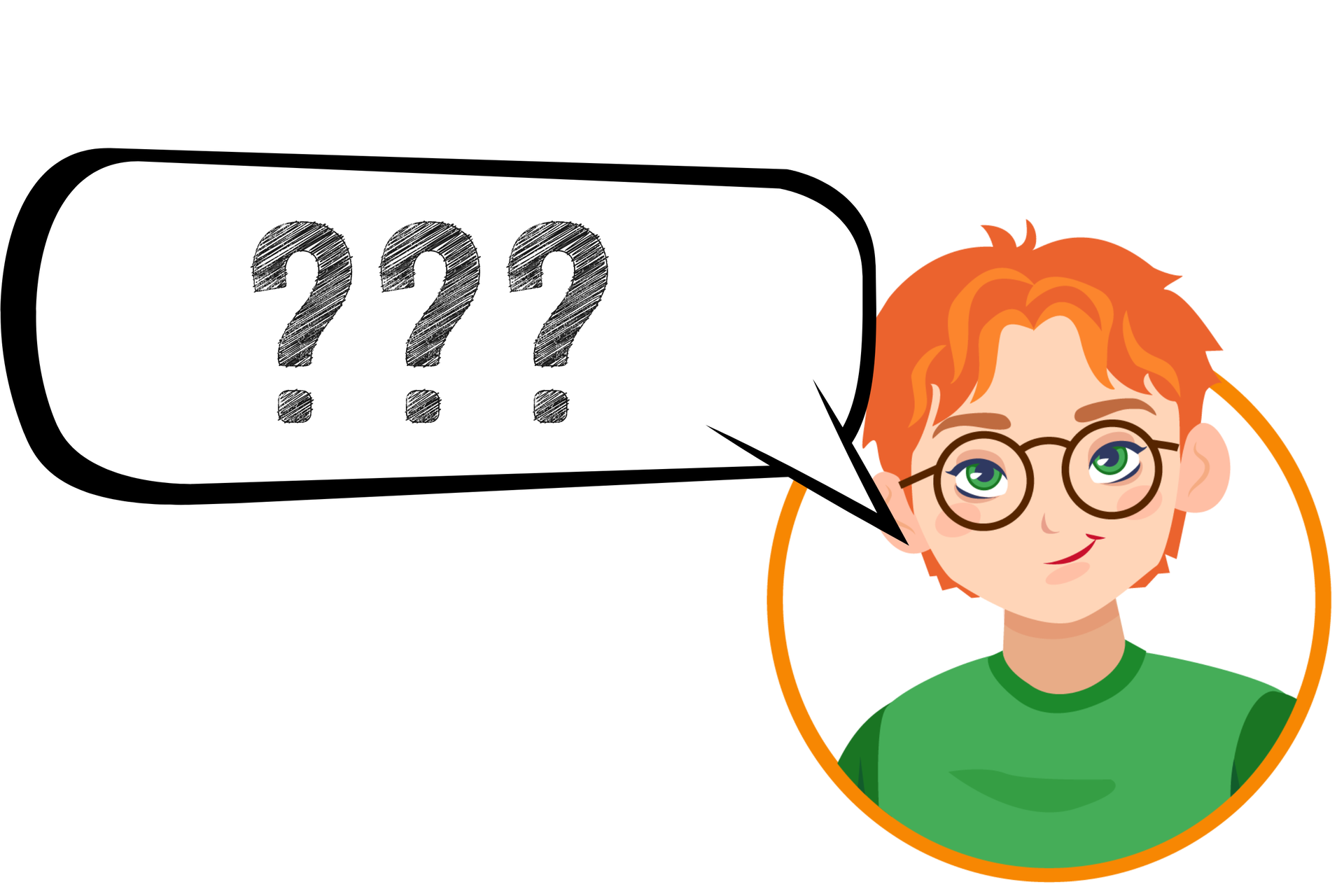 Ilustracja przedstawia twarz rudowłosego chłopca w okularach i zielonej koszulce oraz dymek z trzema znakami zapytania.